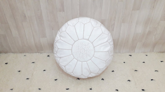 Moroccan POUF **50%** WHITE White Stitching LEATHER Pouf Ottoman Pouf Morocco Leather Pouf Handmade Pouf