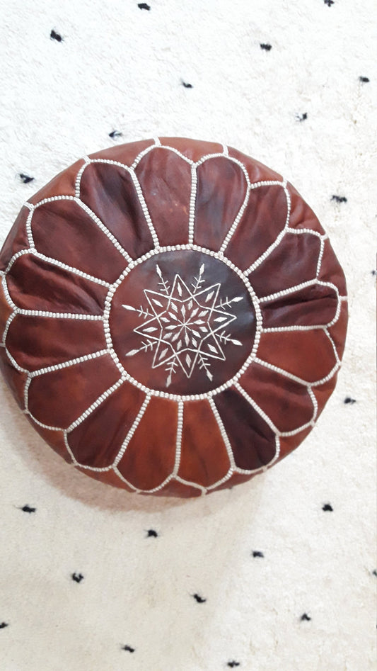 Moroccan Handcrafted Leather Pouf, Ottoman Leather Pouf Cool Ottoman Luxury Dark Brown Floor Pouf, Moroccan Home Decor Pouf Dark Brown