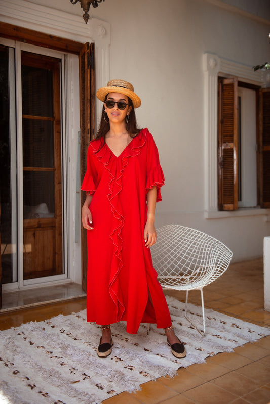Moroccan Kaftan, Linen Dress, Oversized Dress, Loose Kaftan, Handmade Caftan, Boho Dress, Red Dress, Ruffle Dress