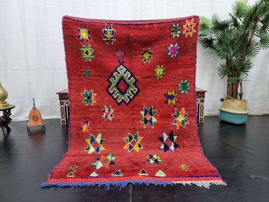 Moroccan Boujaad Rug, Authentic Handmade Rug, Sheep Wool and Cotton Rug, Geometric Boujad Rug, Red Berber Rug, Tribal Rug, Bohemian Rug.