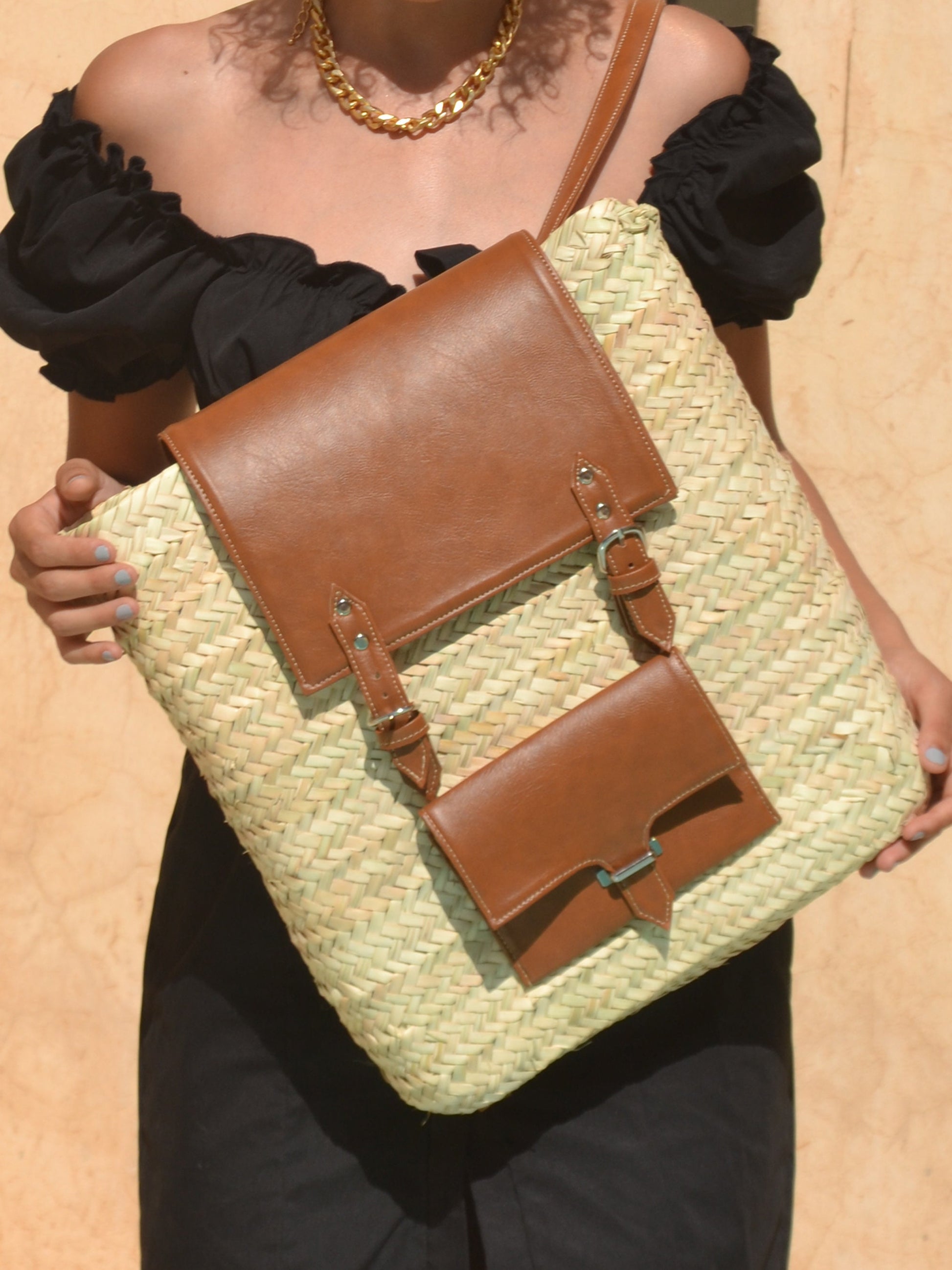Straw Backpack with Pocket - Leather Rucksack-Boho Bag- Backpack for Everyday Use - Beach Backpack