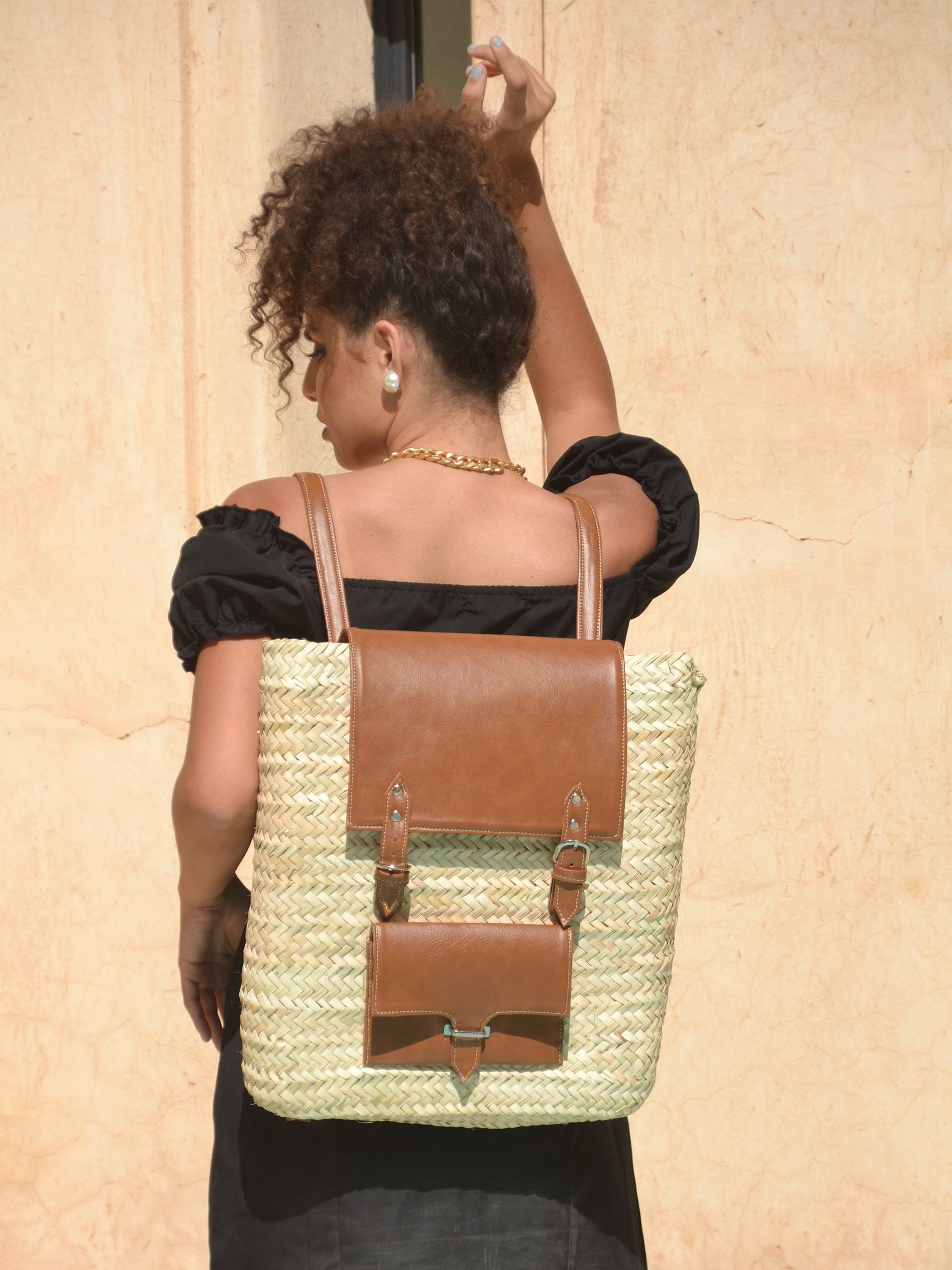 Straw Backpack with Pocket - Leather Rucksack-Boho Bag- Backpack for Everyday Use - Beach Backpack