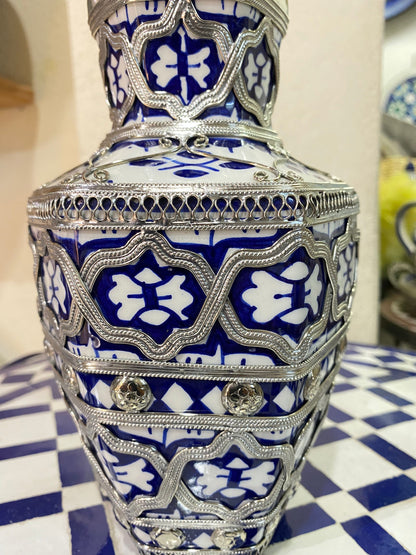 Fes Ceramic Vase, Handmade and Hand Painted, Inlaid with Nickel Silver / Ceramic Vase and Nickel Silver.