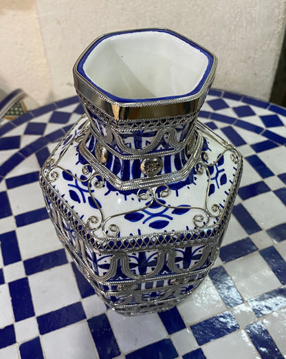 Fes Ceramic Vase, Handmade and Hand Painted, Inlaid with Nickel Silver / Ceramic Vase and Nickel Silver.