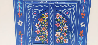 Small Moroccan Mirror with Doors, Ethnic Art for Entryway, Large Mirror Hand Painted, Unique Blue Floral Mirrors, Mirror with Jewelry Holder