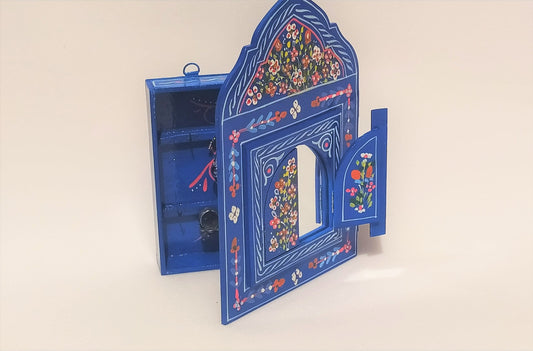 Small Moroccan Mirror with Doors, Ethnic Art for Entryway, Large Mirror Hand Painted, Unique Blue Floral Mirrors, Mirror with Jewelry Holder