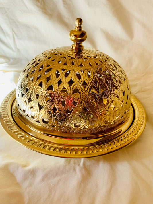 Moroccan Handmade Luxurious Brass Serving Platter Food Dome Cover and Serving Tray
