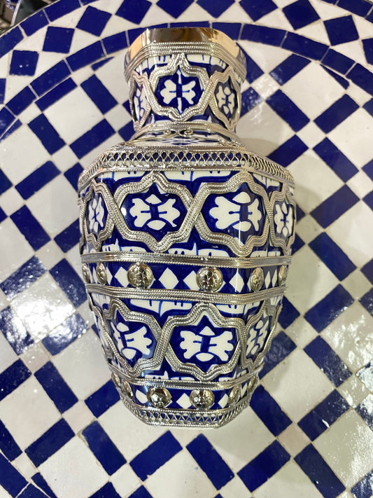 Fes Ceramic Vase, Handmade and Hand Painted, Inlaid with Nickel Silver / Ceramic Vase and Nickel Silver.