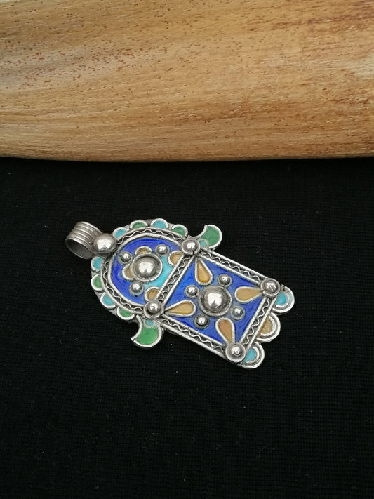 Cute Berber Silver and Enamel Khamsa Pendant