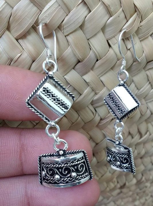 Berber Silver Earrings, Geometric Drop Style, Moroccan
