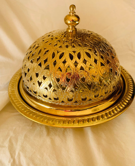 Moroccan Handmade Luxurious Brass Serving Platter Food Dome Cover and Serving Tray