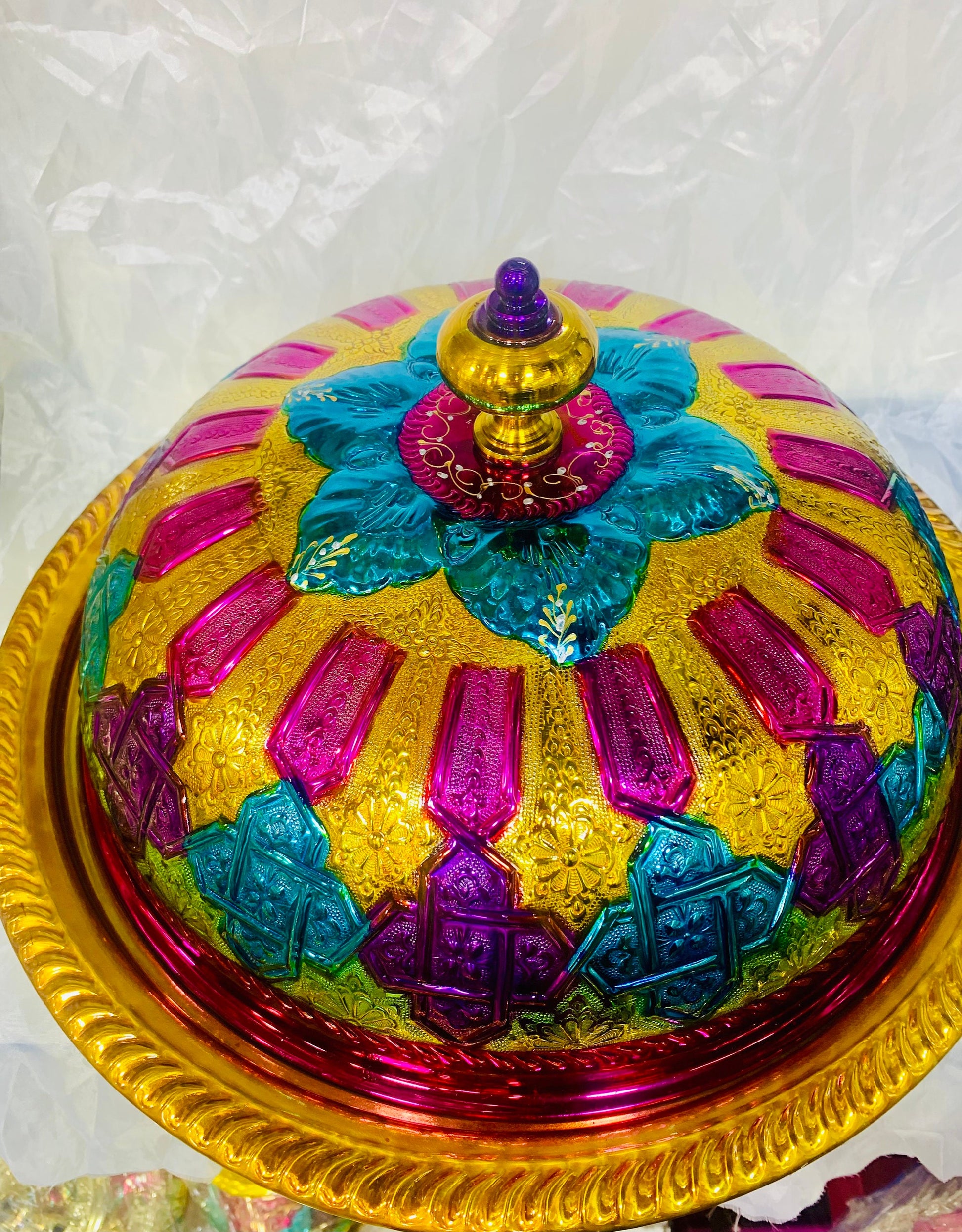 Moroccan Handmade Luxurious Brass Hand Painted Serving Platter Food Dome Cover and Serving Tray