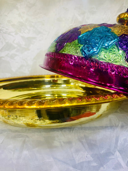 Moroccan Handmade Luxurious Brass Hand Painted Serving Platter Food Dome Cover and Serving Tray
