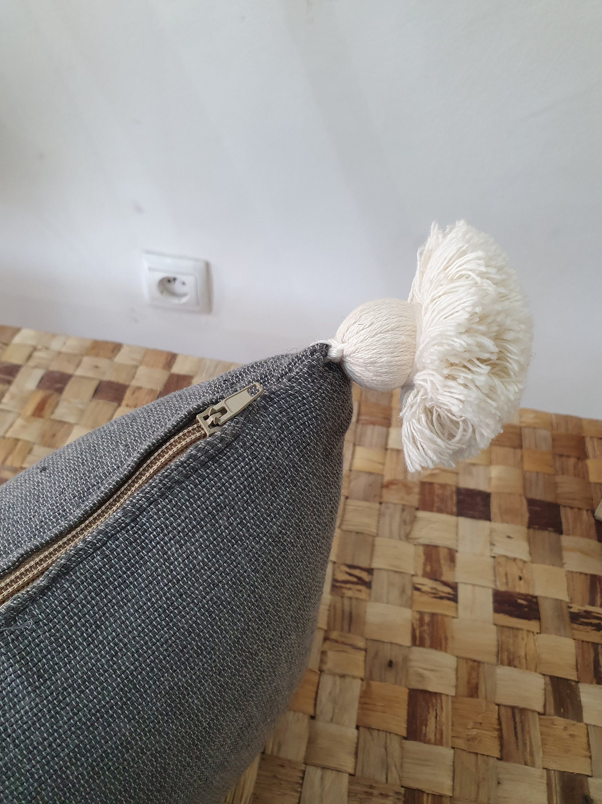 STUFFED Handmade Cotton Pillow, Stuffed Pillow, Moroccan Cotton Cushion, Decorative Pompom Cushion, Gift Idea -- 16Inch by 8Inch