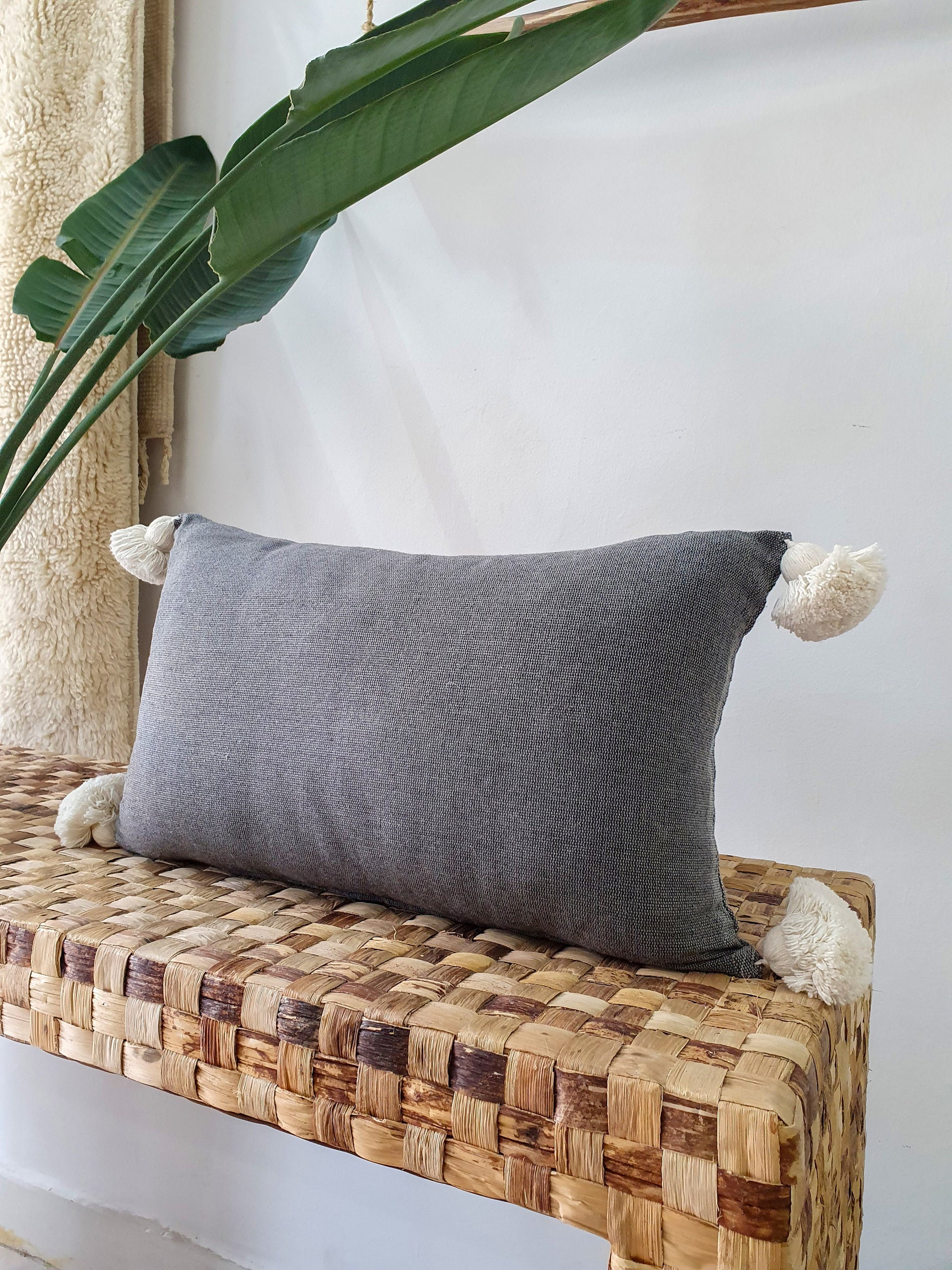STUFFED Handmade Cotton Pillow, Stuffed Pillow, Moroccan Cotton Cushion, Decorative Pompom Cushion, Gift Idea -- 16Inch by 8Inch