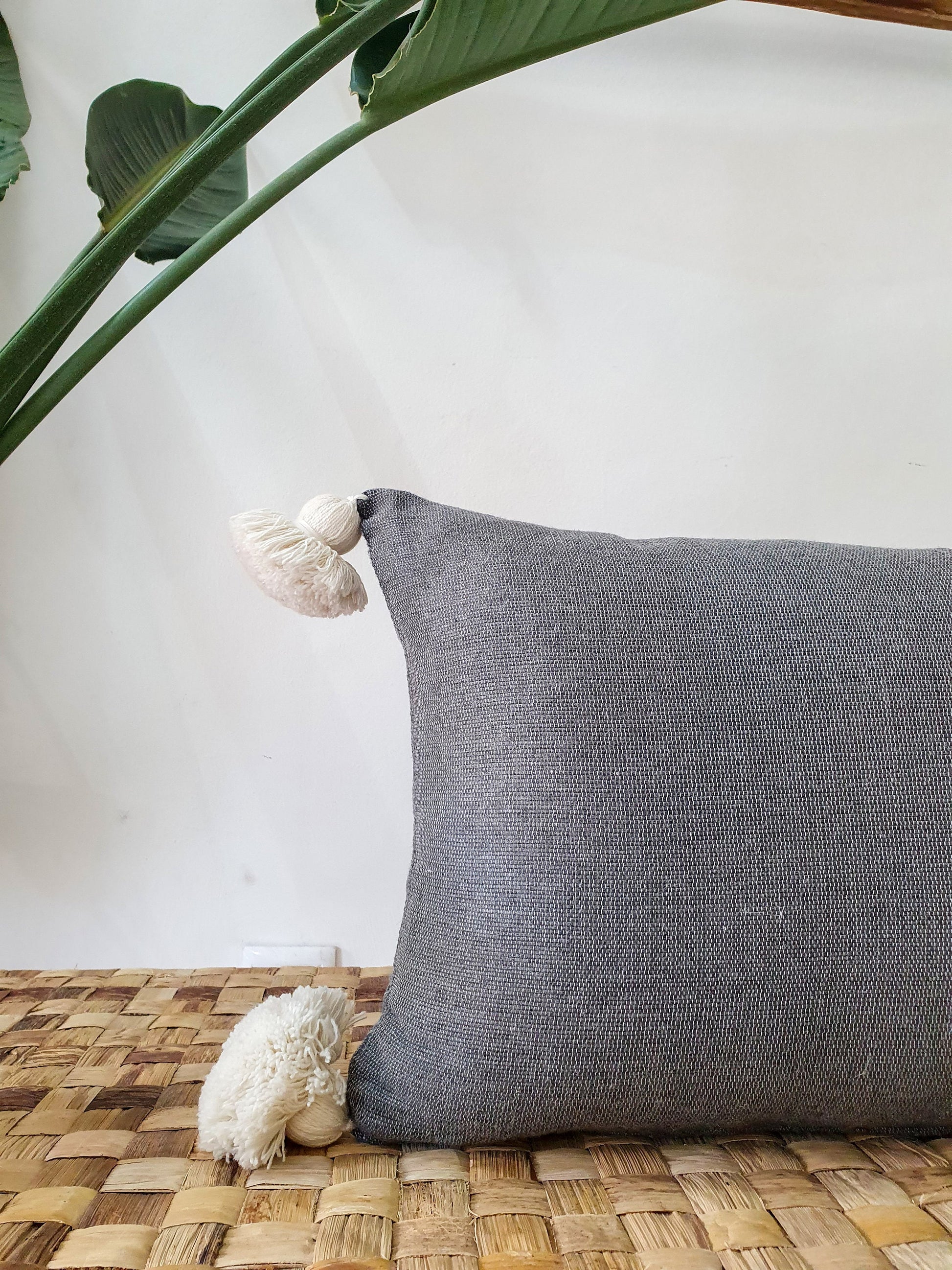 STUFFED Handmade Cotton Pillow, Stuffed Pillow, Moroccan Cotton Cushion, Decorative Pompom Cushion, Gift Idea -- 16Inch by 8Inch