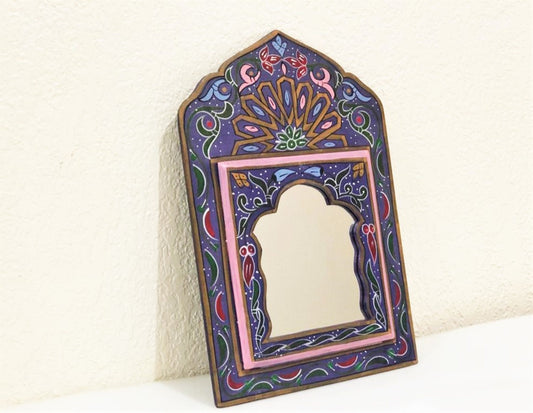 Small Moroccan Mirror with Doors, Bohemian Wall Decor, Ethnic Art for Entryway, Large Mirror Hand Painted, Unique Blue Floral Mirrors,