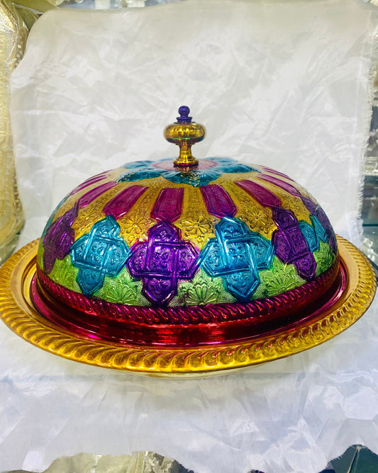 Moroccan Handmade Luxurious Brass Hand Painted Serving Platter Food Dome Cover and Serving Tray