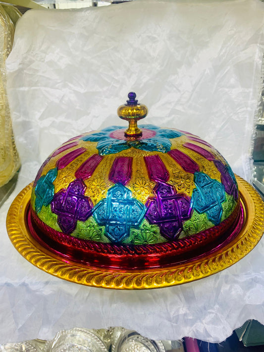 Moroccan Handmade Luxurious Brass Hand Painted Serving Platter Food Dome Cover and Serving Tray