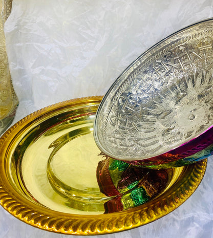 Moroccan Handmade Luxurious Brass Hand Painted Serving Platter Food Dome Cover and Serving Tray