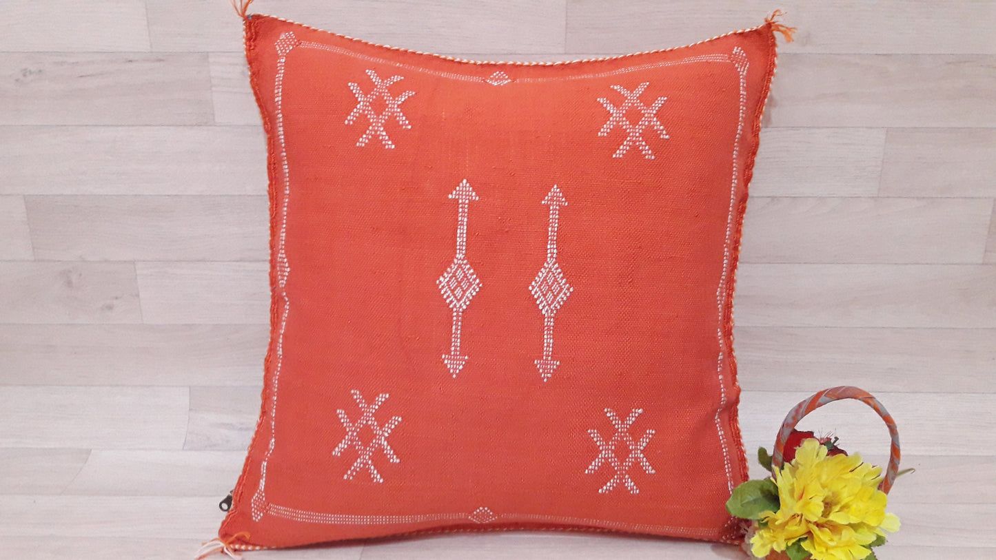 Cactus Silk Pillow Cover - Orange Sabra Pillow - Handmade Morocco Cushion