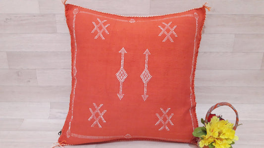 Cactus Silk Pillow Cover - Orange Sabra Pillow - Handmade Morocco Cushion