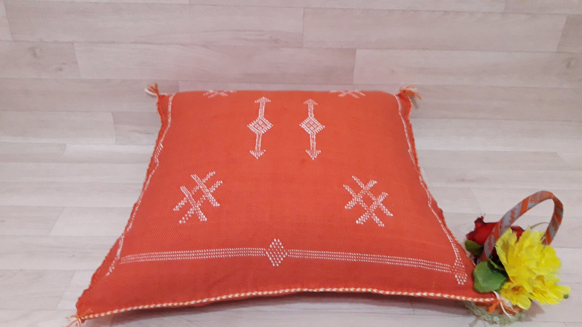 Cactus Silk Pillow Cover - Orange Sabra Pillow - Handmade Morocco Cushion