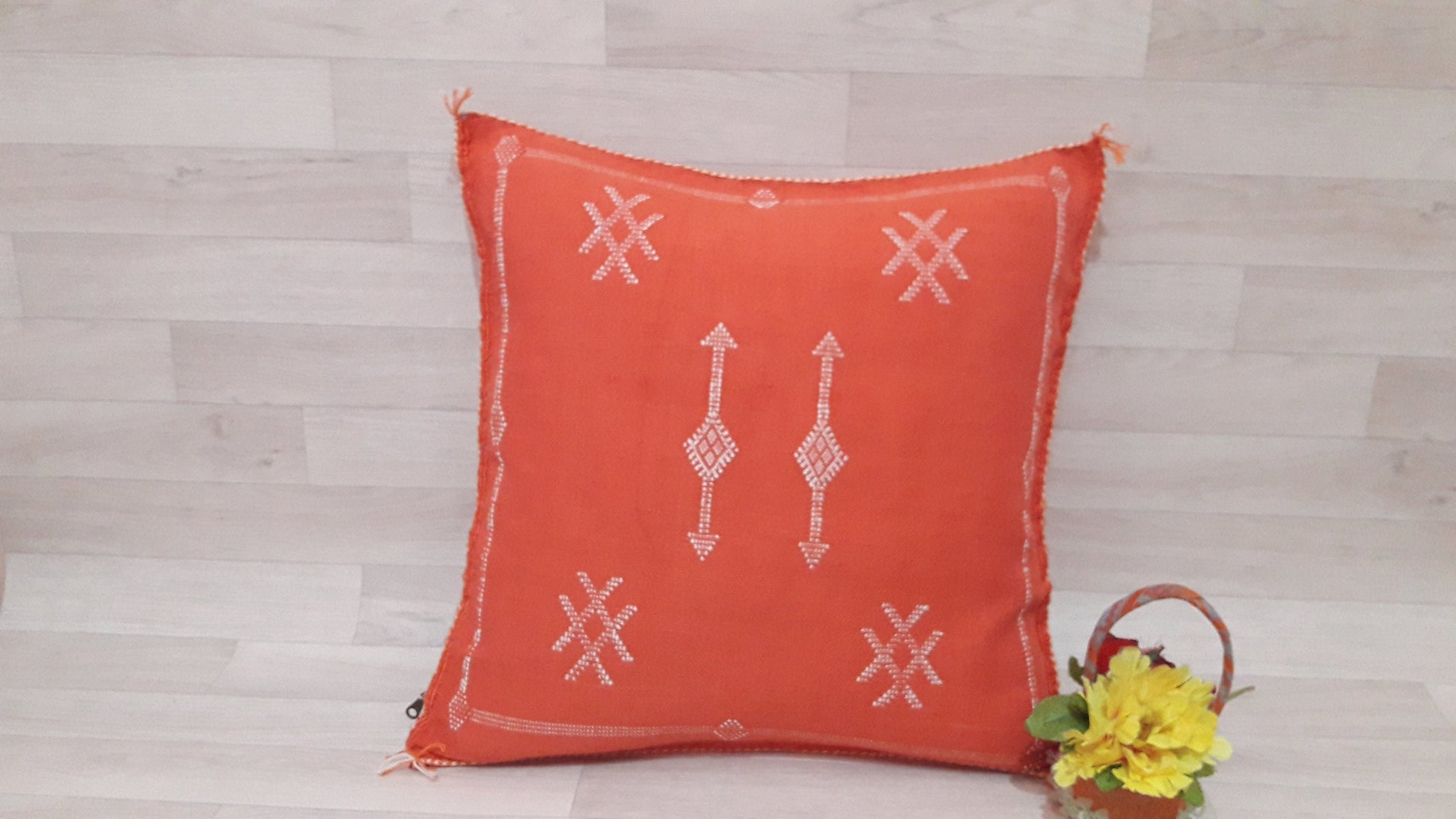 Cactus Silk Pillow Cover - Orange Sabra Pillow - Handmade Morocco Cushion