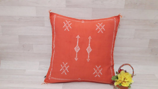 Cactus Silk Pillow Cover - Orange Sabra Pillow - Handmade Morocco Cushion