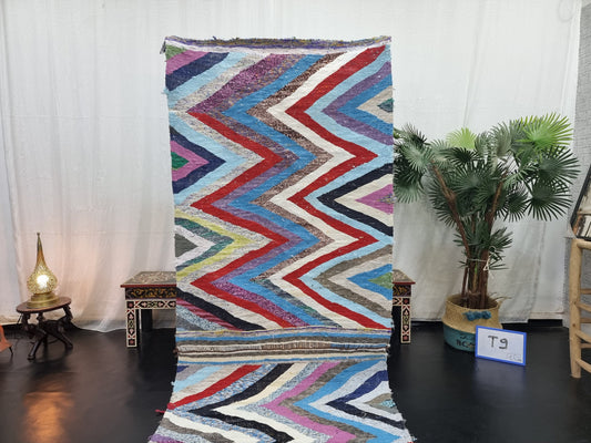 STUNNING ZANAFI RUG, Handmade Moroccan Rug 3X9, Flat Berber Rug, Zanafi Bouchrouit Rug, Geometric Rug, Red and Blue Rug, Sheep Wool Rug.