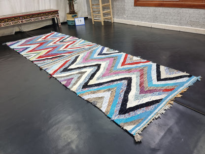 STUNNING ZANAFI RUG, Handmade Moroccan Rug 3X9, Flat Berber Rug, Zanafi Bouchrouit Rug, Geometric Rug, Red and Blue Rug, Sheep Wool Rug.