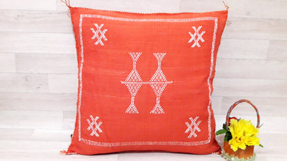 Cactus Silk Pillow - Orange Sabra Pillow - Handmade Morocco Cushion . Moroccan Sabra Cushion-Pillow Case-Moroccan Pillows-Pillow Cover