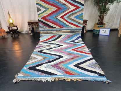 STUNNING ZANAFI RUG, Handmade Moroccan Rug 3X9, Flat Berber Rug, Zanafi Bouchrouit Rug, Geometric Rug, Red and Blue Rug, Sheep Wool Rug.