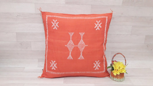 Cactus Silk Pillow - Orange Sabra Pillow - Handmade Morocco Cushion . Moroccan Sabra Cushion-Pillow Case-Moroccan Pillows-Pillow Cover