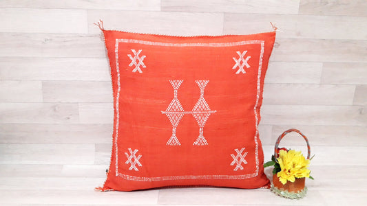 Cactus Silk Pillow - Orange Sabra Pillow - Handmade Morocco Cushion . Moroccan Sabra Cushion-Pillow Case-Moroccan Pillows-Pillow Cover