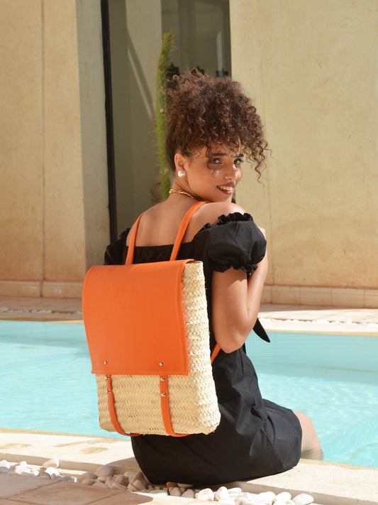 Straw Beach Bag with Leather Strap -Pool Party Backpack -Office Bag- Backpack for Everyday Use - Beach Backpack-Boho Backpack