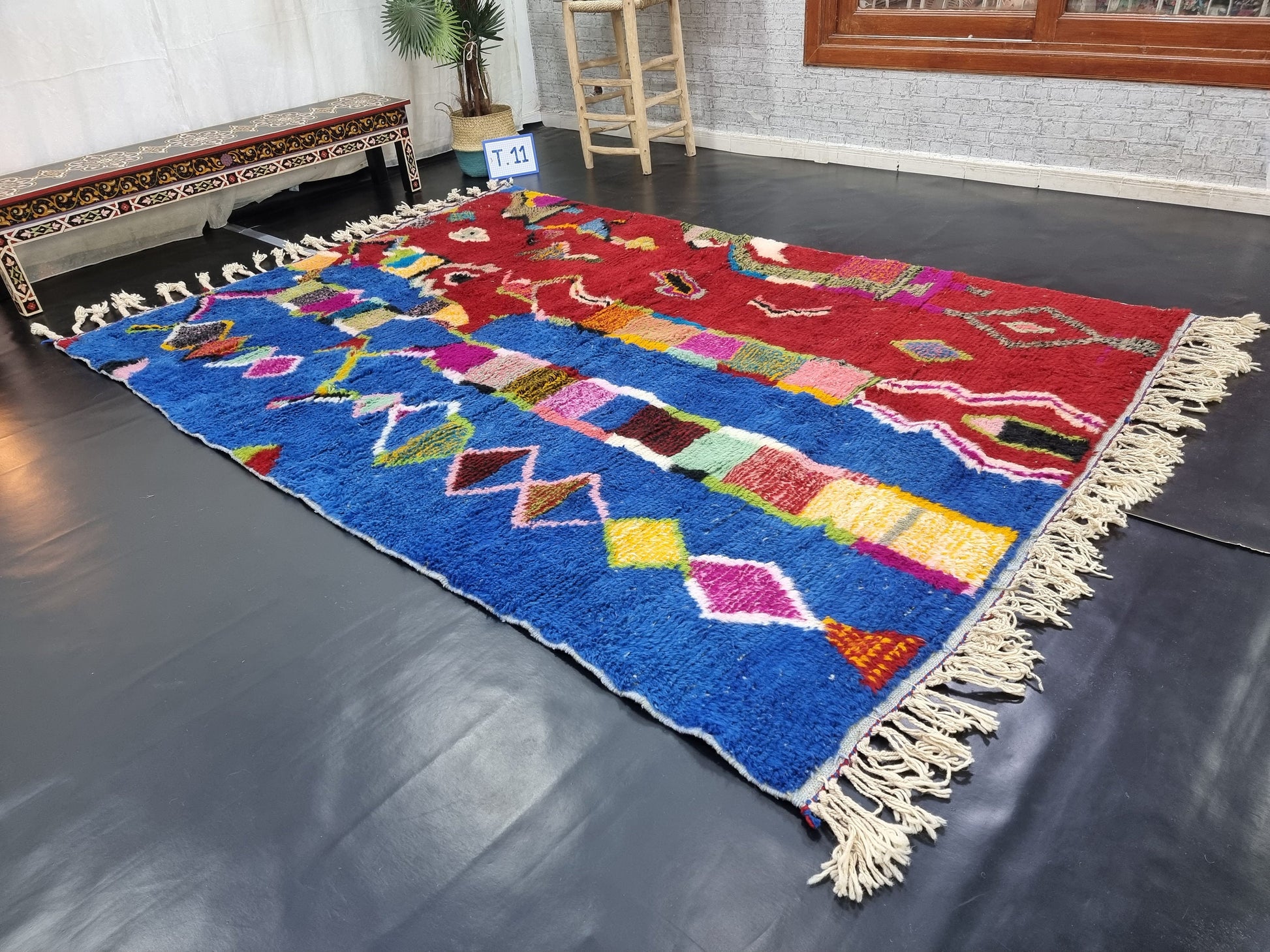 BENI OURAIN RUG, Custom Moroccan Rug, Red & Blue Shag Rug, Funky Berber Carpet, Hand-Knotted Wool Rug, Bohemian Rug for Living Room.