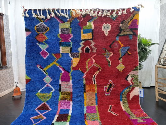 BENI OURAIN RUG, Custom Moroccan Rug, Red & Blue Shag Rug, Funky Berber Carpet, Hand-Knotted Wool Rug, Bohemian Rug for Living Room.