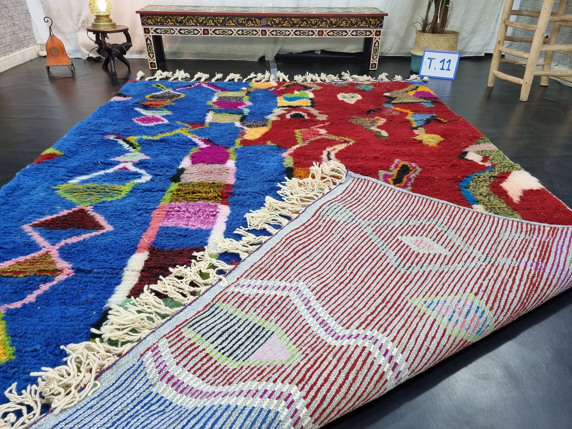 BENI OURAIN RUG, Custom Moroccan Rug, Red & Blue Shag Rug, Funky Berber Carpet, Hand-Knotted Wool Rug, Bohemian Rug for Living Room.