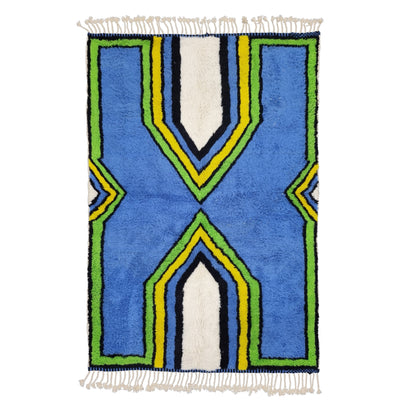 ARTISTIC BENIOURAIN RUG, Moroccan Rug, Area Wool Rug, Geometric Rug, Blue, Yelow and Green Rug, Overdyed Rug, Area Rug, Large Handmade Rug