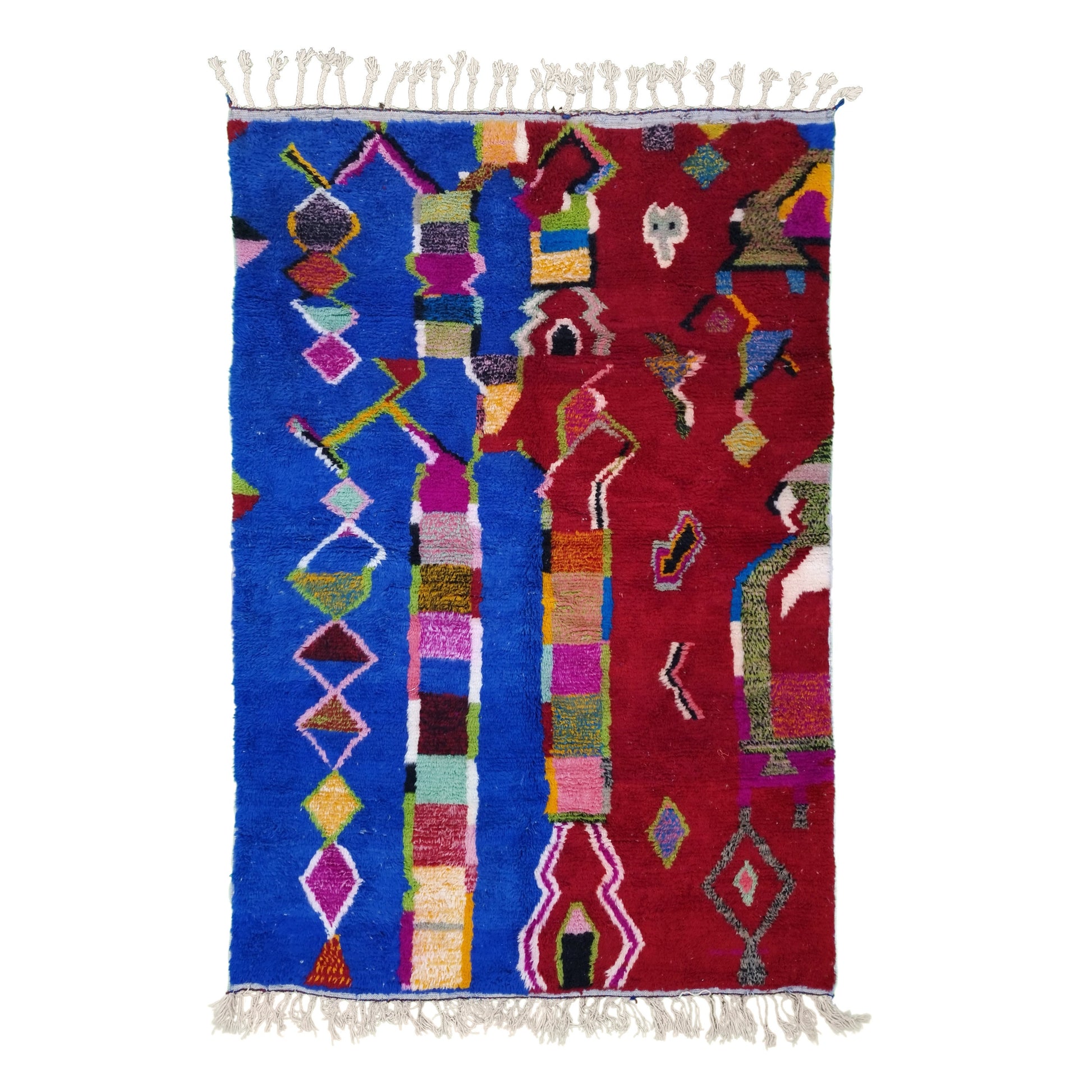 BENI OURAIN RUG, Custom Moroccan Rug, Red & Blue Shag Rug, Funky Berber Carpet, Hand-Knotted Wool Rug, Bohemian Rug for Living Room.
