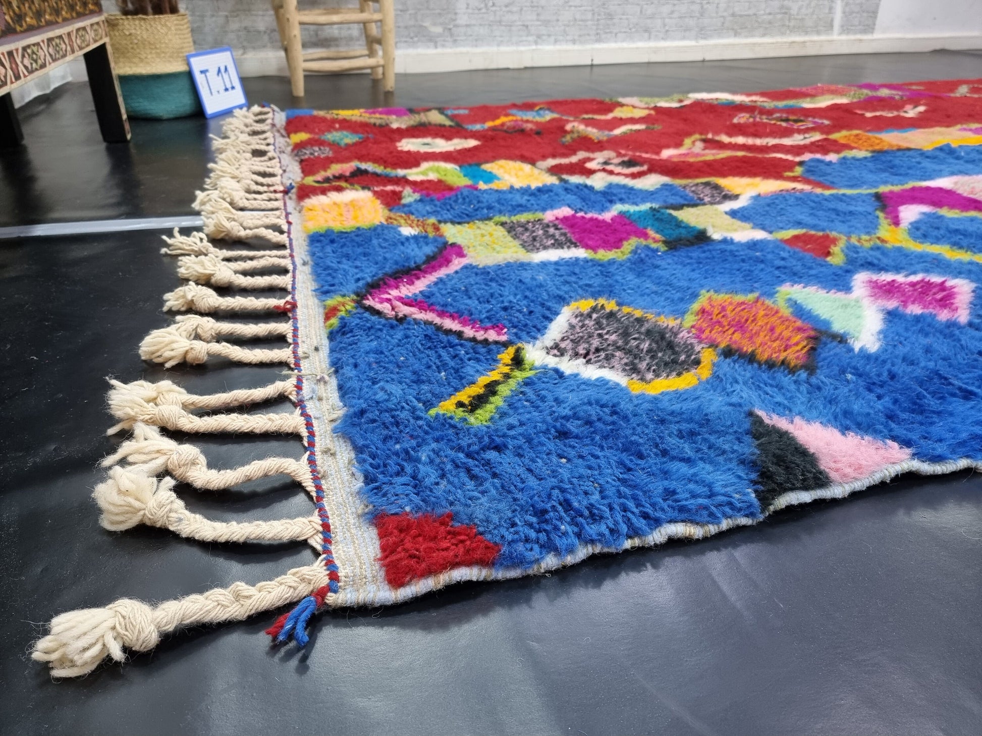 BENI OURAIN RUG, Custom Moroccan Rug, Red & Blue Shag Rug, Funky Berber Carpet, Hand-Knotted Wool Rug, Bohemian Rug for Living Room.