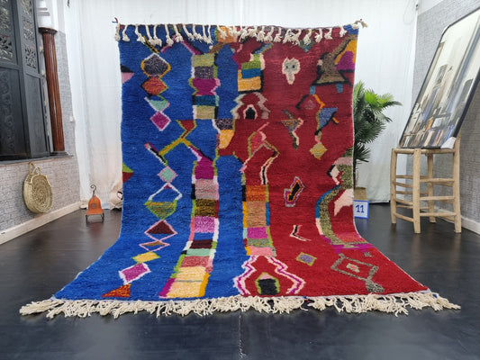 BENI OURAIN RUG, Custom Moroccan Rug, Red & Blue Shag Rug, Funky Berber Carpet, Hand-Knotted Wool Rug, Bohemian Rug for Living Room.
