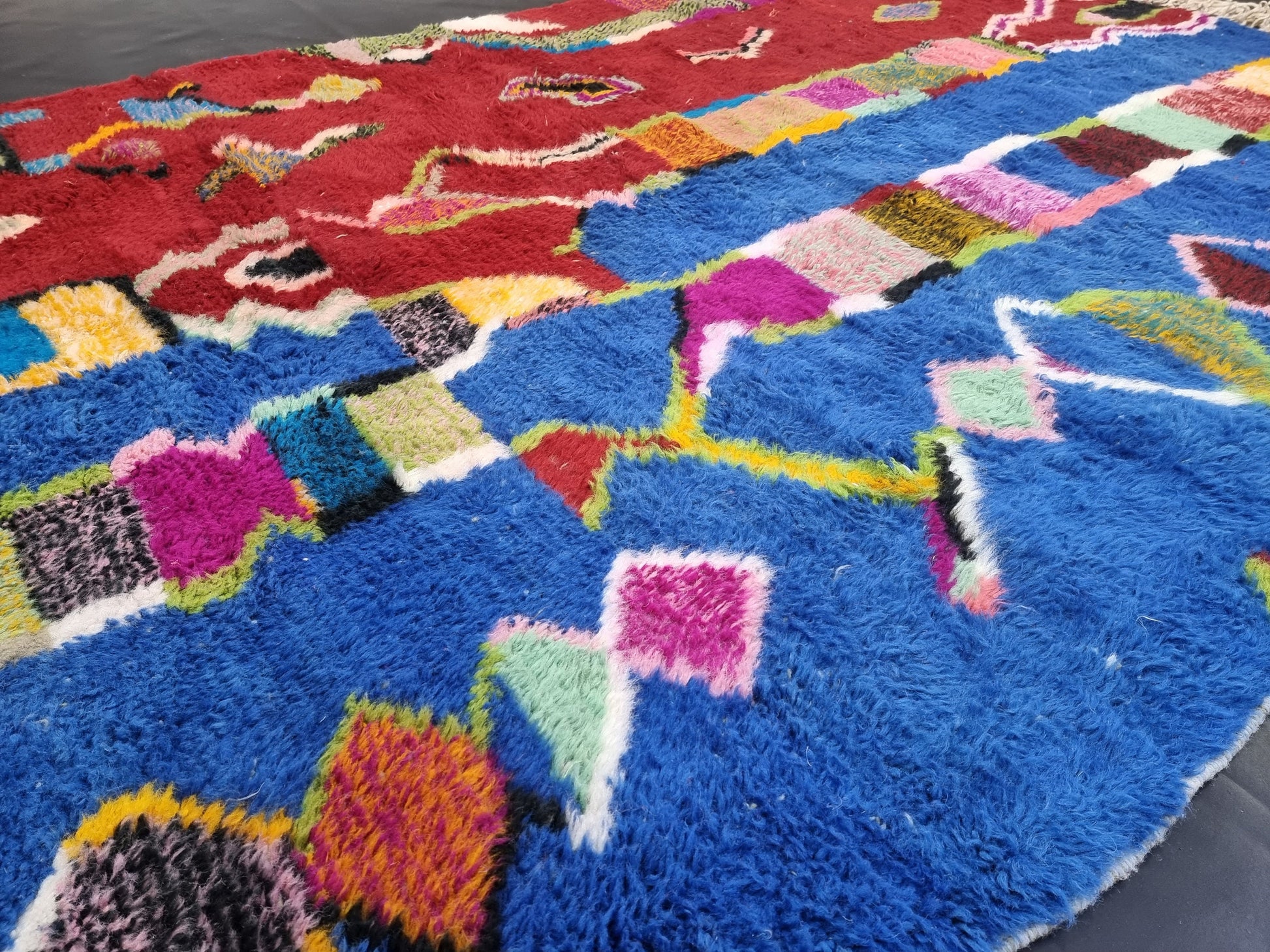 BENI OURAIN RUG, Custom Moroccan Rug, Red & Blue Shag Rug, Funky Berber Carpet, Hand-Knotted Wool Rug, Bohemian Rug for Living Room.