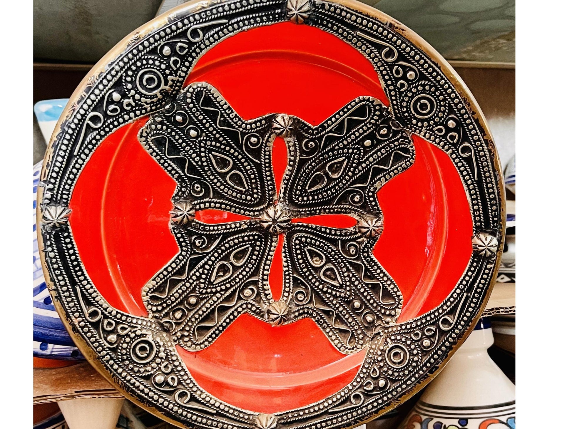 Ceramic Plates, Vintage Good Quality Bowl with Painted Ceramic and Metal, Moroccan Wall Art, Beautiful Handmade Ceramic Plates .