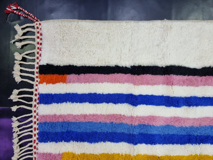 COLORFUL RUG 4X10, Striped Moroccan Rug, Handmade Area Rug, Bohemian Shag Rug, White Wool Rug, Authentic Beni Ourain Rug, Berber Carpet.