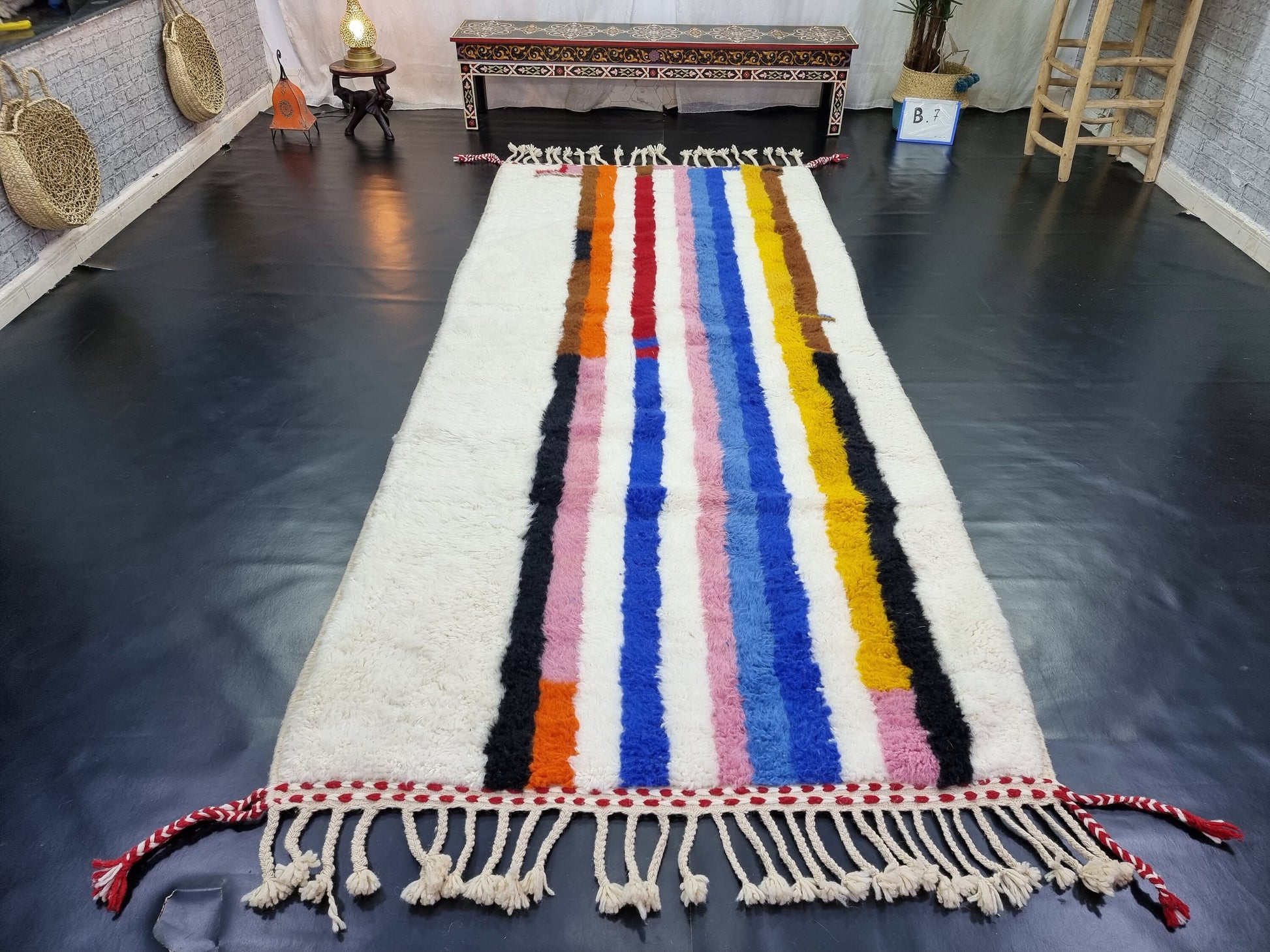 COLORFUL RUG 4X10, Striped Moroccan Rug, Handmade Area Rug, Bohemian Shag Rug, White Wool Rug, Authentic Beni Ourain Rug, Berber Carpet.