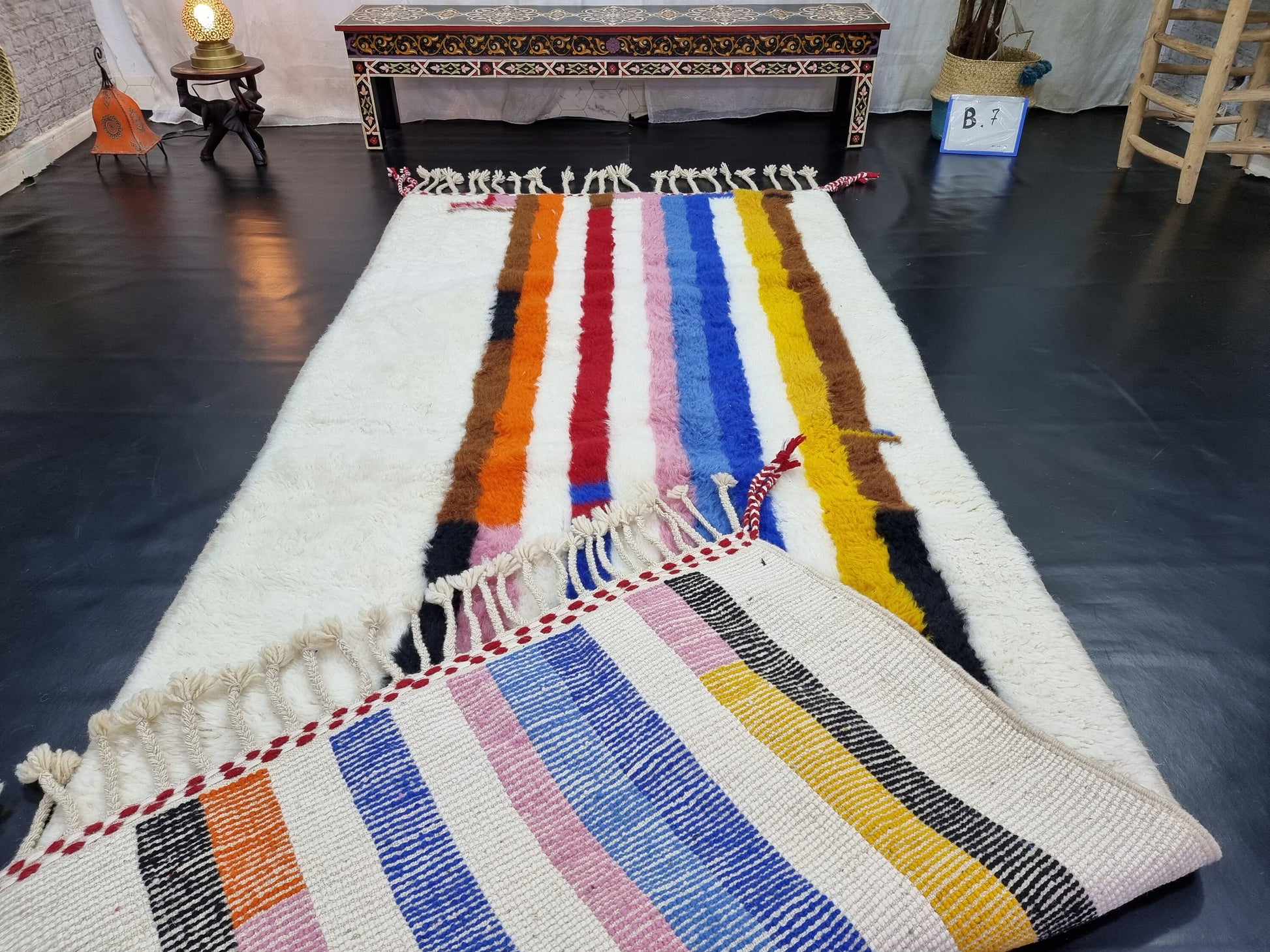 COLORFUL RUG 4X10, Striped Moroccan Rug, Handmade Area Rug, Bohemian Shag Rug, White Wool Rug, Authentic Beni Ourain Rug, Berber Carpet.