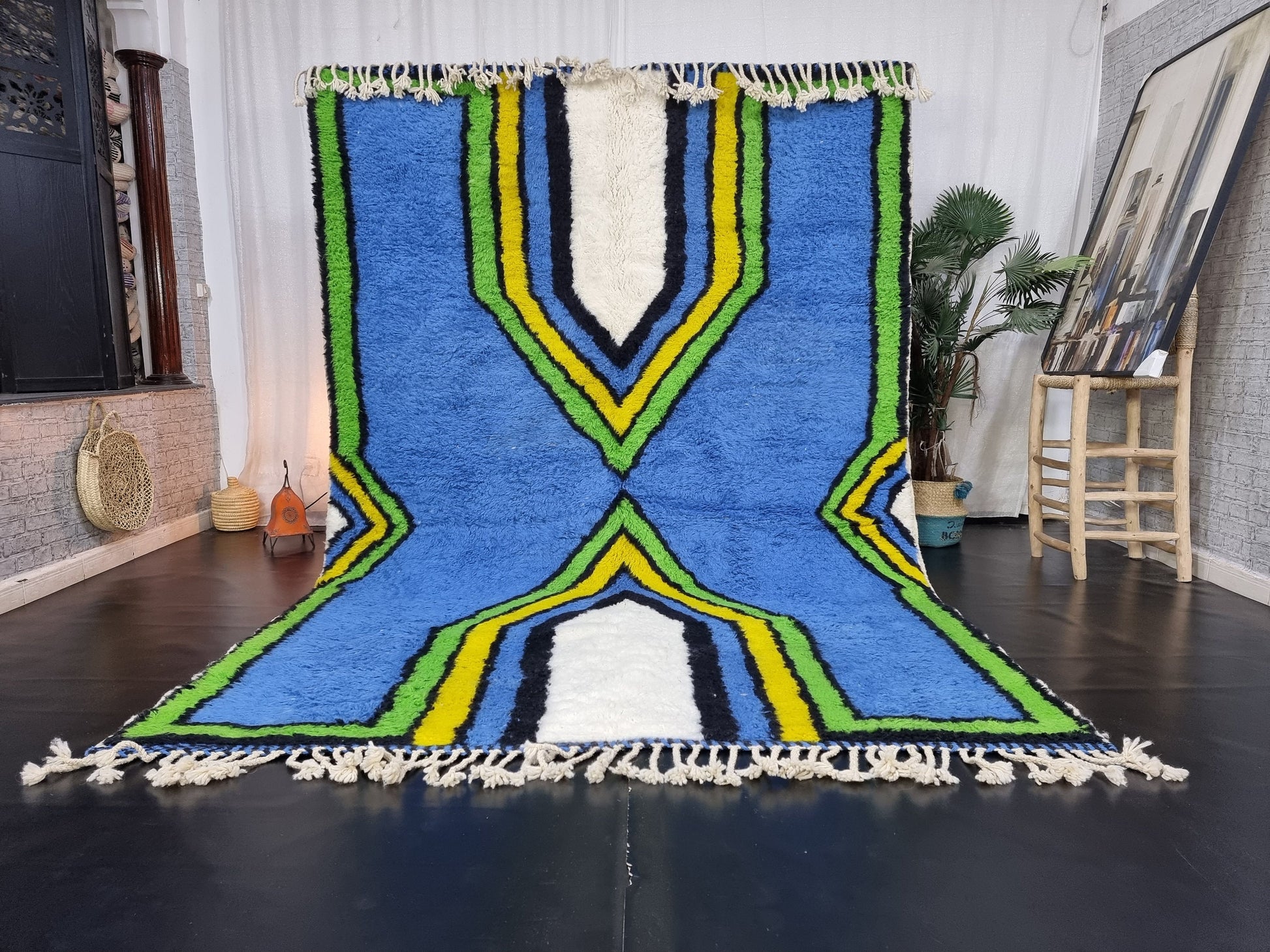 ARTISTIC BENIOURAIN RUG, Moroccan Rug, Area Wool Rug, Geometric Rug, Blue, Yelow and Green Rug, Overdyed Rug, Area Rug, Large Handmade Rug