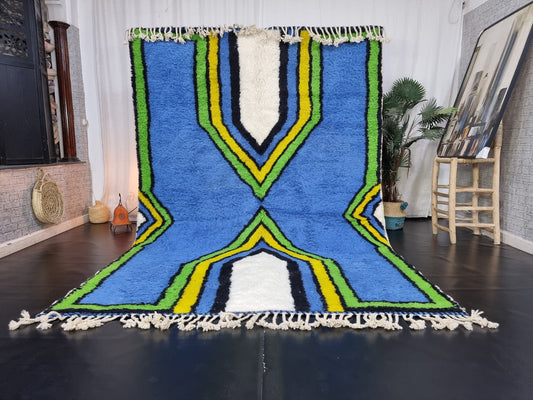 ARTISTIC BENIOURAIN RUG, Moroccan Rug, Area Wool Rug, Geometric Rug, Blue, Yelow and Green Rug, Overdyed Rug, Area Rug, Large Handmade Rug